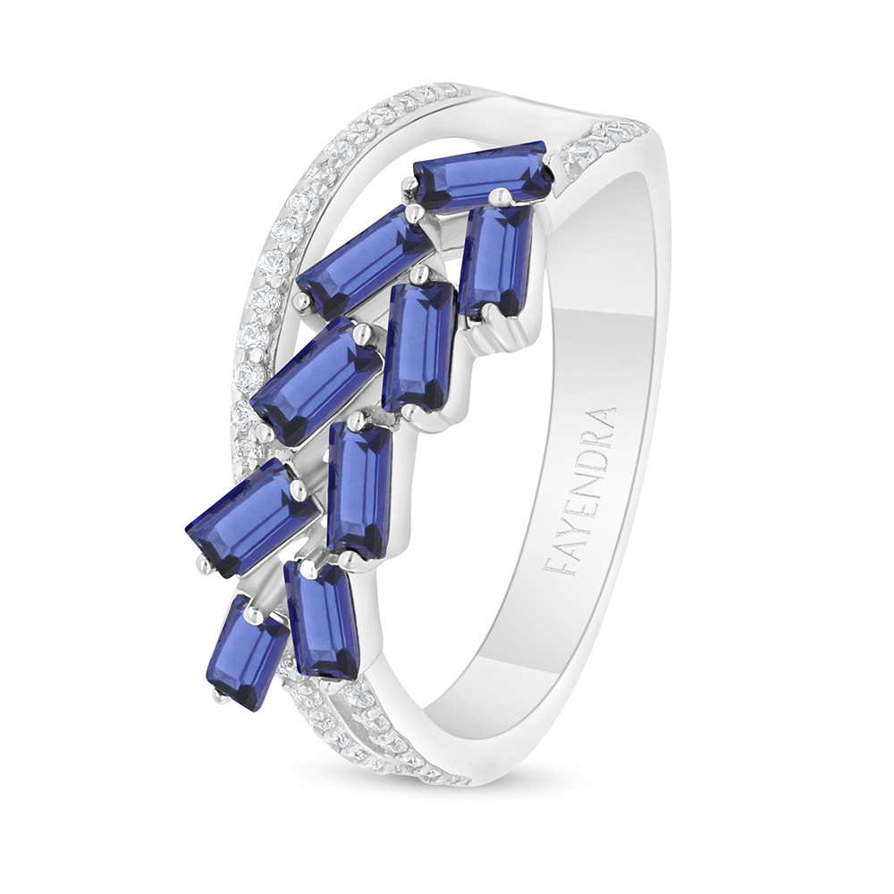 Sterling Silver 925 Ring Rhodium Plated Embedded With Sapphire Corundum And White Zircon