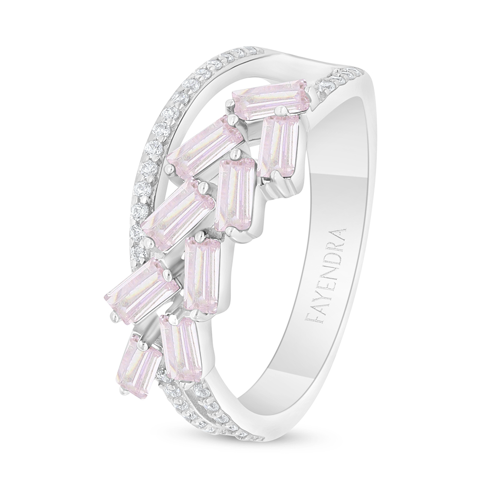 Sterling Silver 925 Ring Rhodium Plated Embedded With Pink Zircon And White Zircon