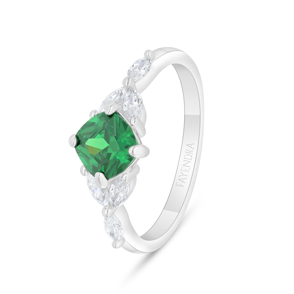 Sterling Silver 925 Ring Rhodium Plated Embedded With Emerald Zircon And White Zircon