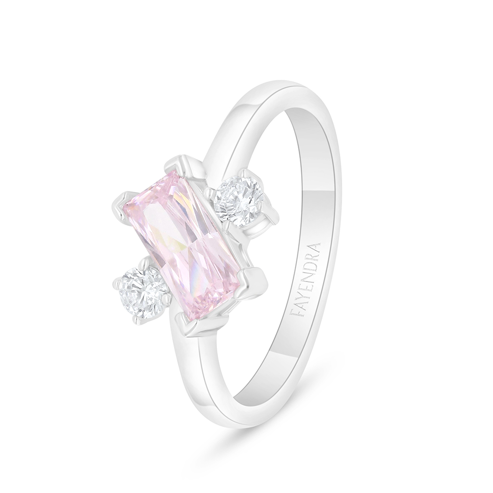 Sterling Silver 925 Ring Rhodium Plated Embedded With Pink Zircon And White Zircon