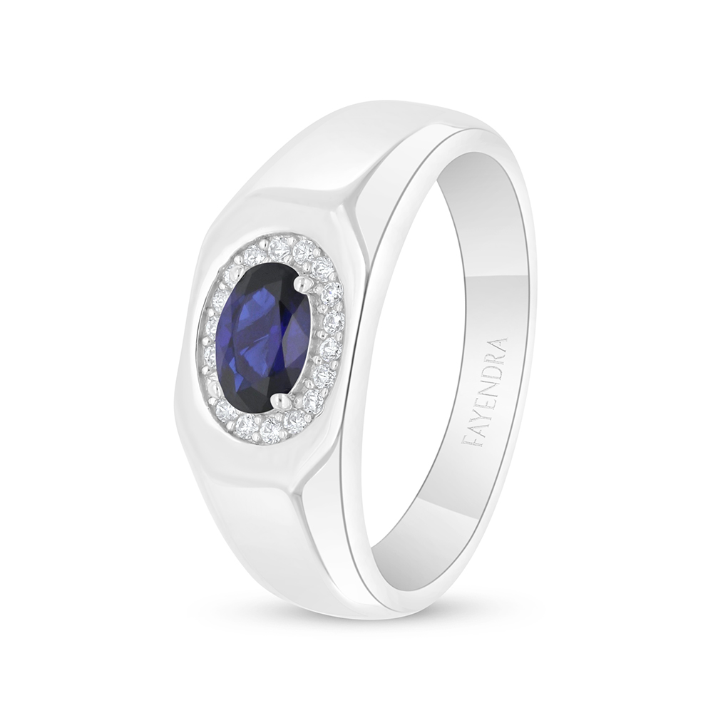 Sterling Silver 925 Ring Rhodium Plated Embedded With Sapphire Corundum And White Zircon