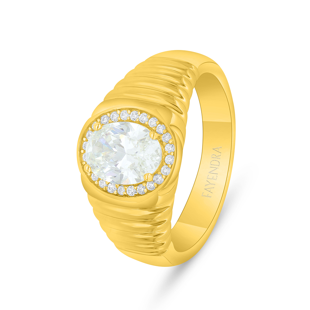 Sterling Silver 925 Ring Golden Plated Embedded With Yellow Diamond And White Zircon