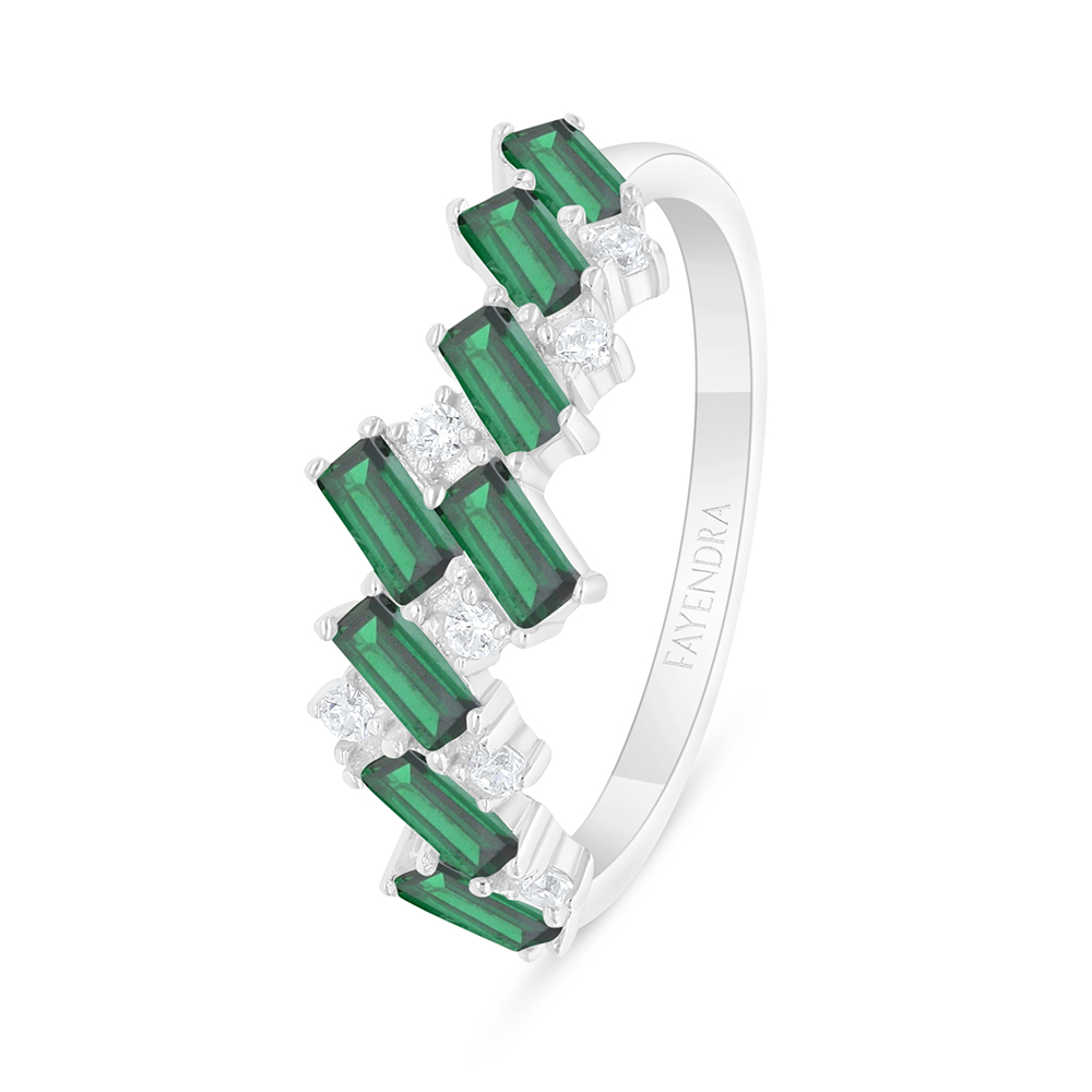 Sterling Silver 925 Ring Rhodium Plated Embedded With Emerald Zircon And White Zircon