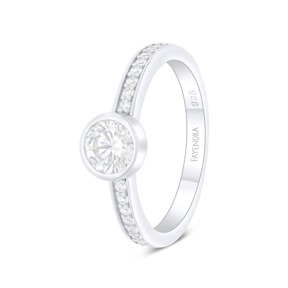 Sterling Silver 925 Ring Rhodium Plated Embedded With White Zircon