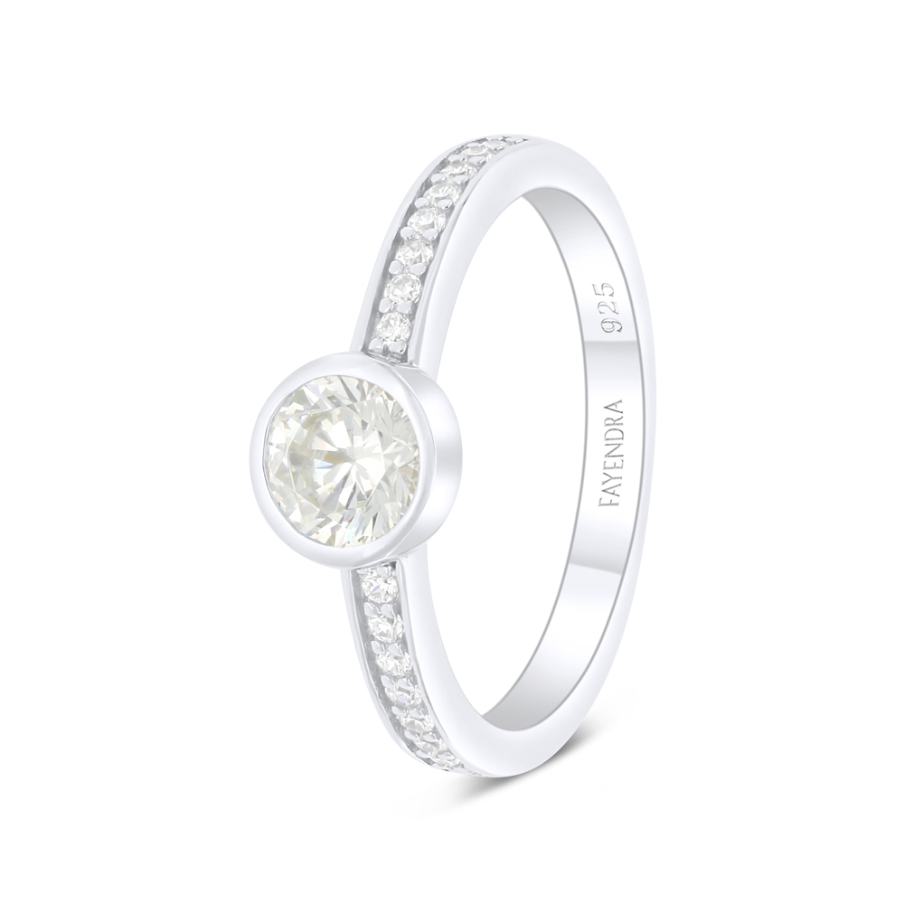 Sterling Silver 925 Ring Rhodium Plated  Embedded With Yellow Diamond And White Zircon