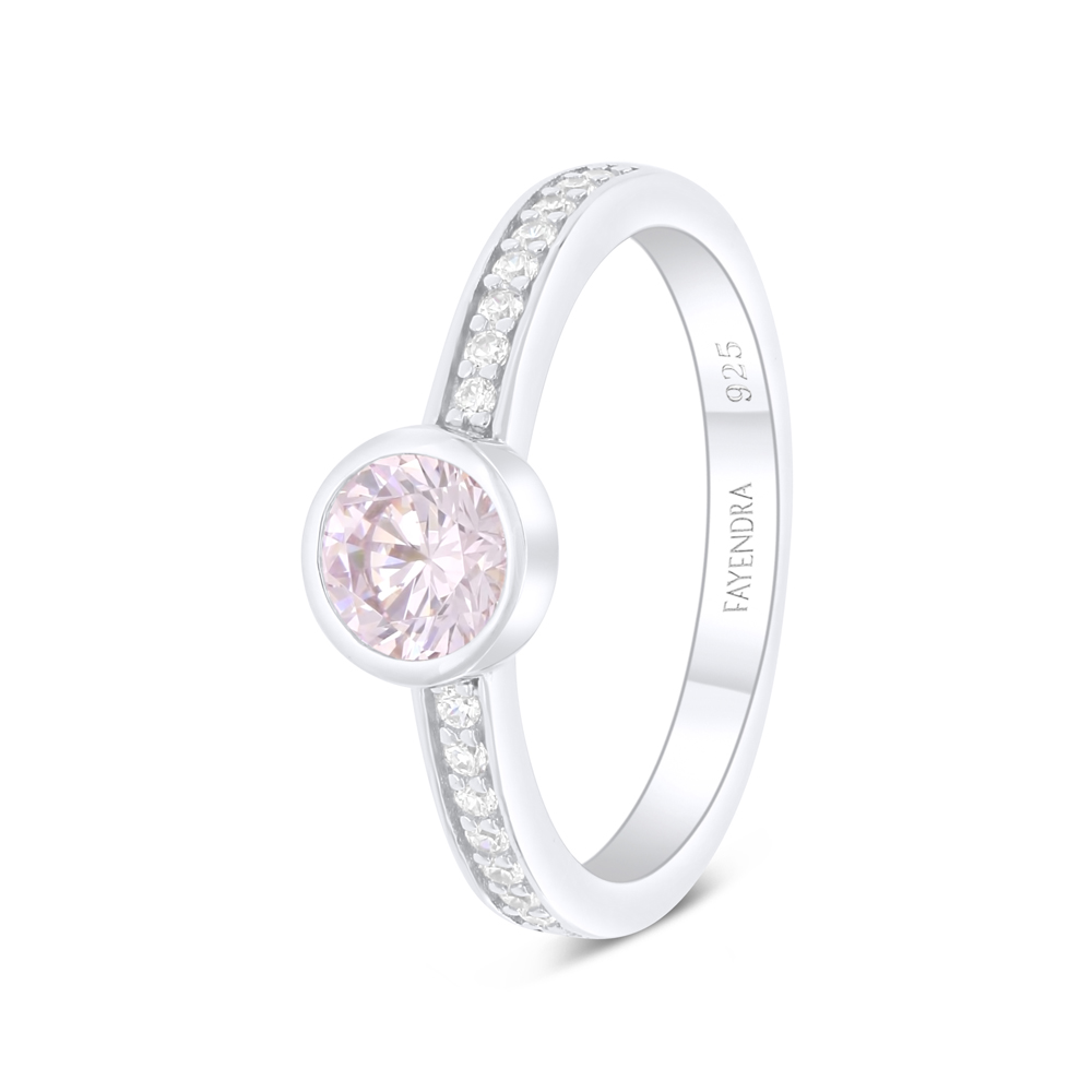 Sterling Silver 925 Ring Rhodium Plated Embedded With Pink Zircon And White Zircon