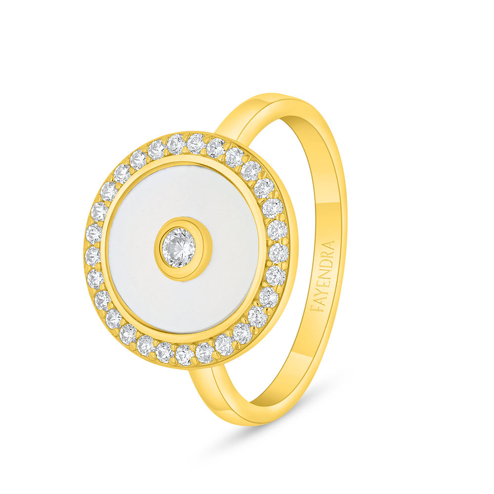 Sterling Silver 925 Ring Golden Plated Embedded With White Shell And White Zircon