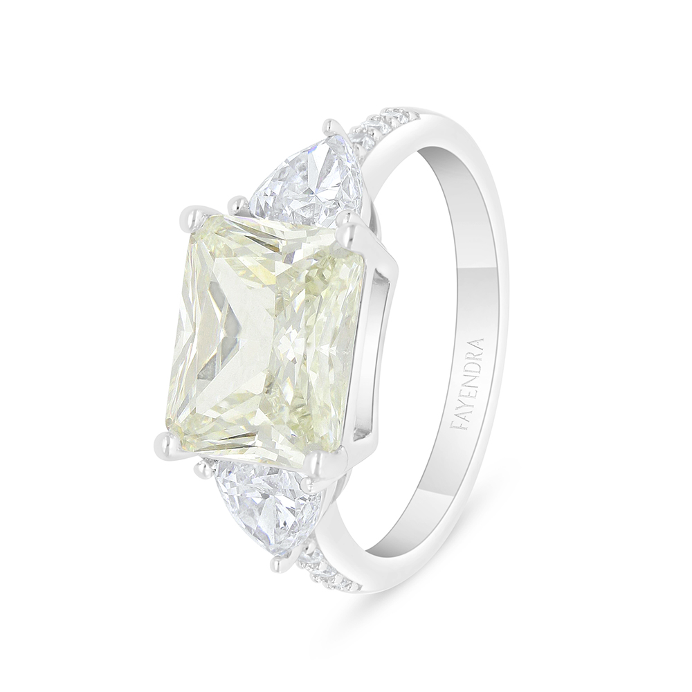 Sterling Silver 925 Ring Rhodium Plated  Embedded With Yellow Diamond And White Zircon