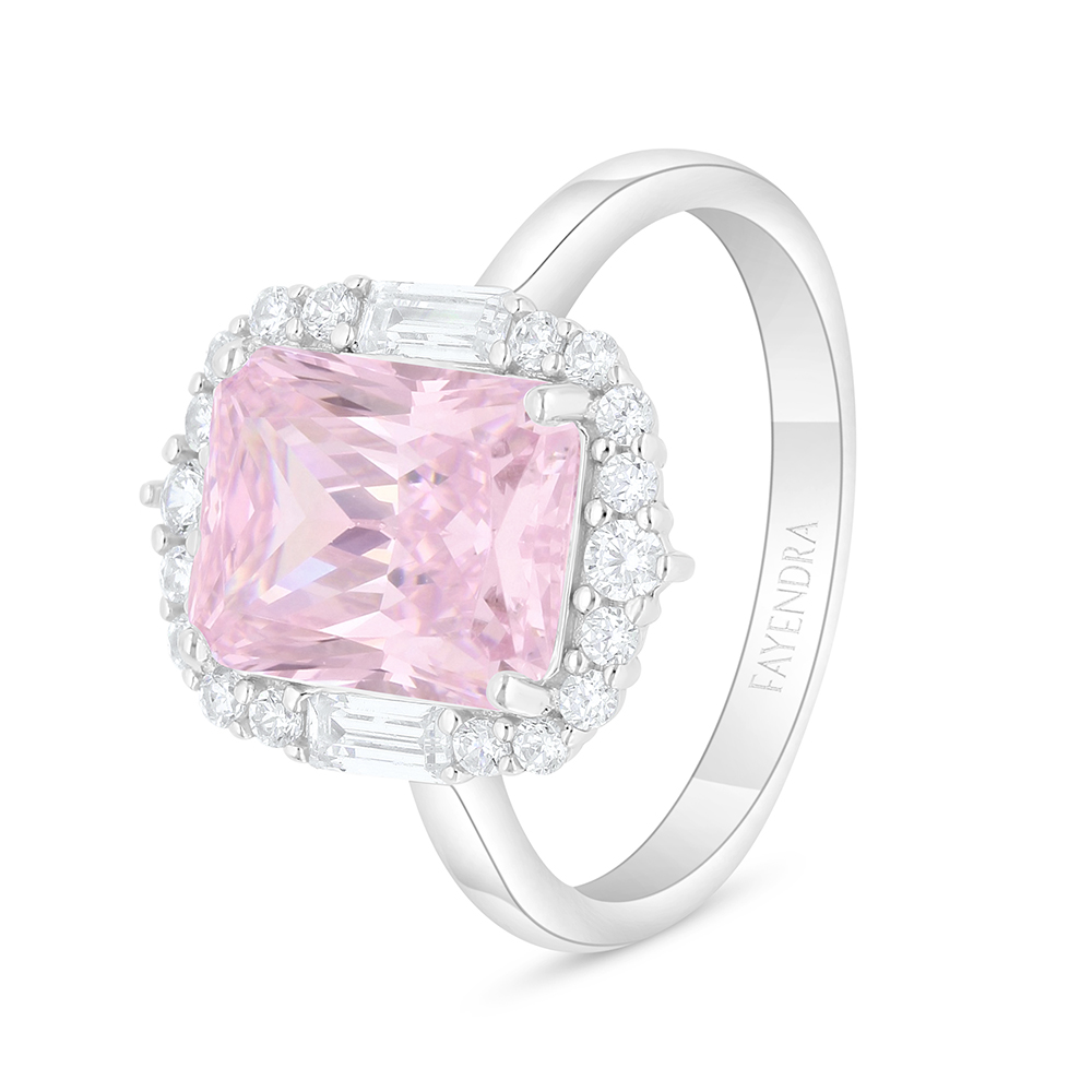 Sterling Silver 925 Ring Rhodium Plated Embedded With Pink Zircon And White Zircon