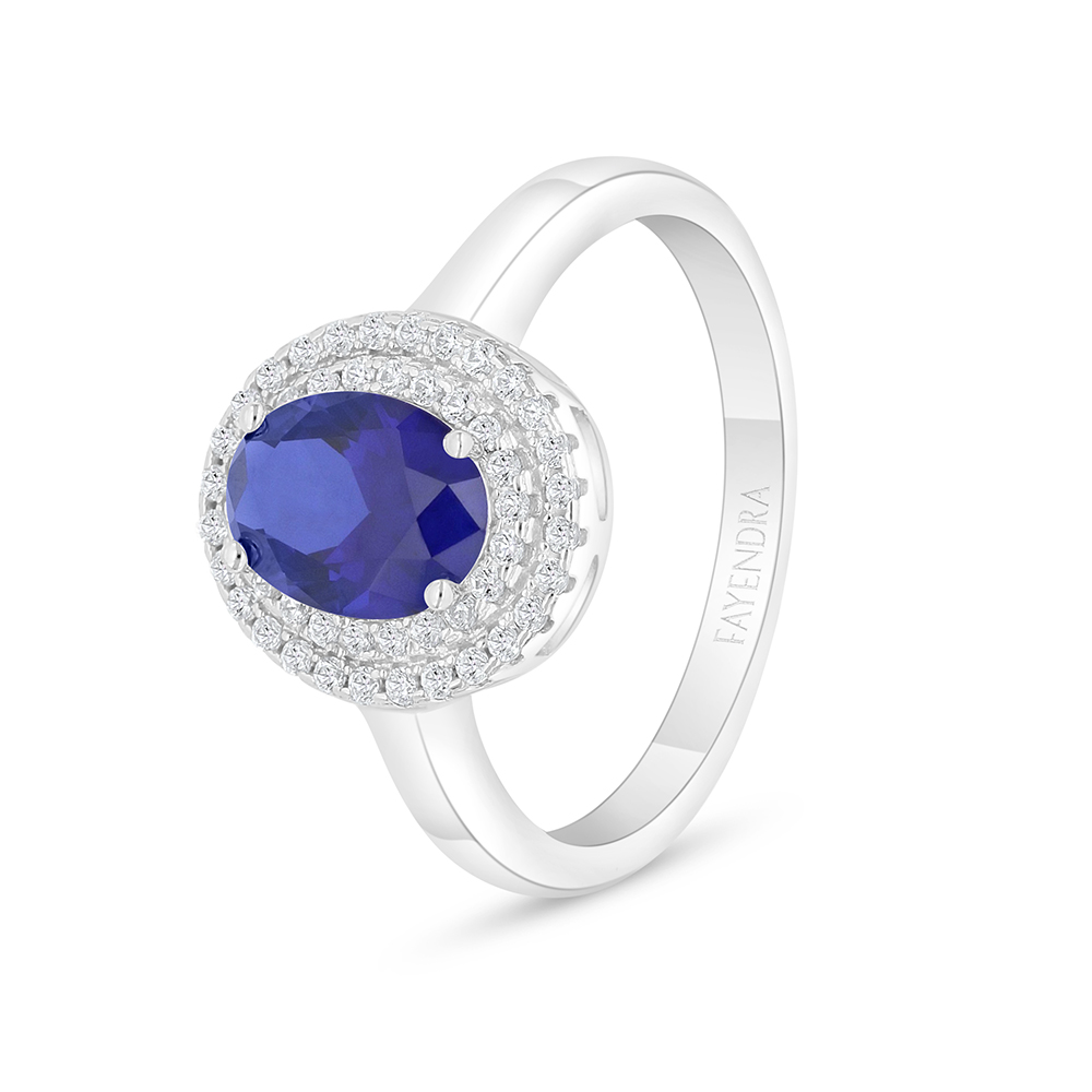 Sterling Silver 925 Ring Rhodium Plated Embedded With Sapphire Corundum And White Zircon