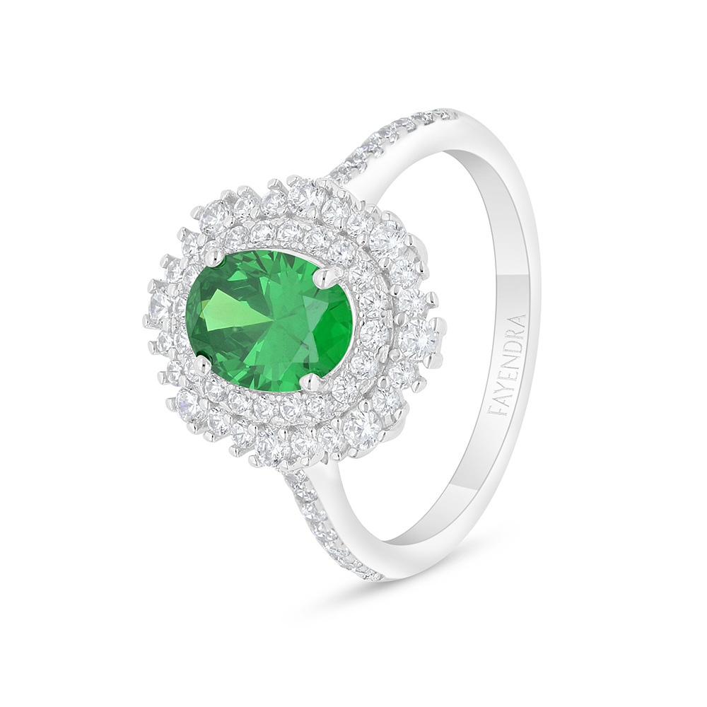 Sterling Silver 925 Ring Rhodium Plated Embedded With Emerald Zircon And White Zircon