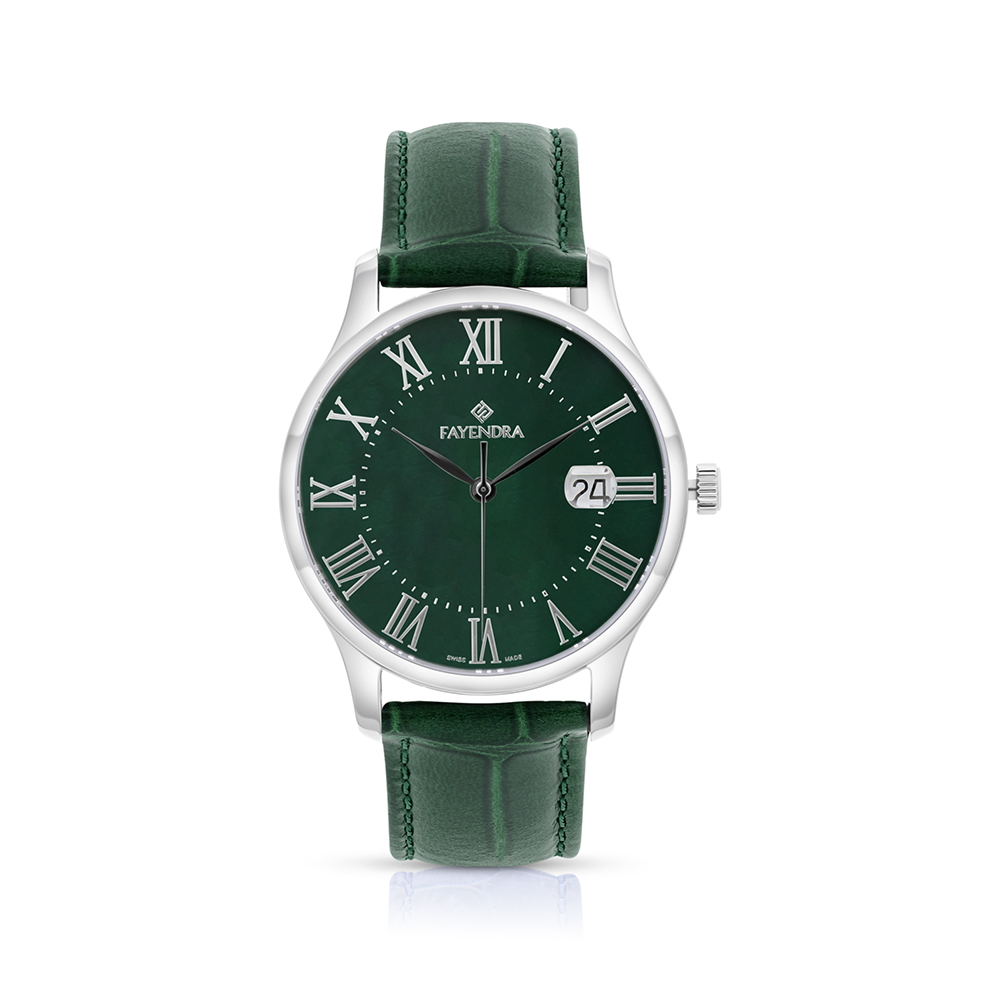 ساعة رجالي ستانلس ستيل عيار 316 بلون فضي جلد أخضر GREEN DIAL