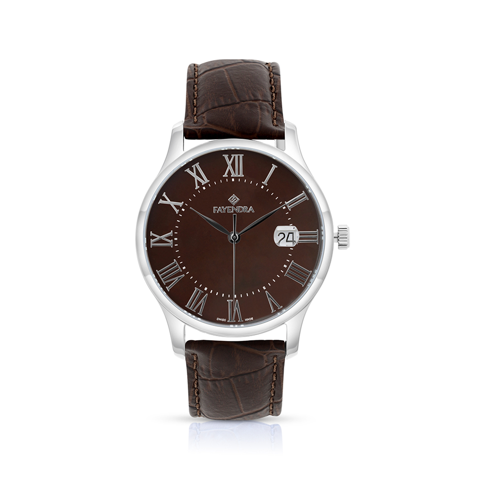 ساعة رجالي ستانلس ستيل عيار 316 بلون فضي جلد بني BROWN DIAL