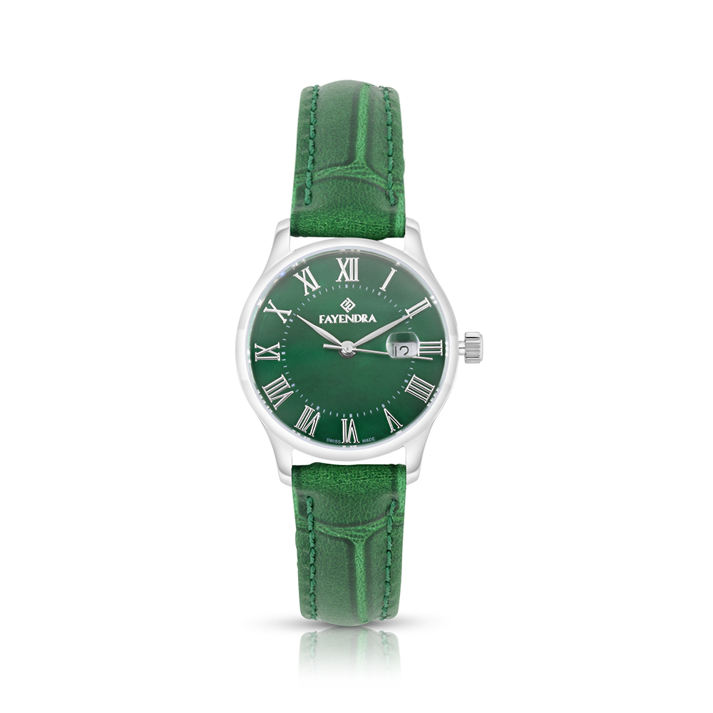 ساعة ستانلس ستيل عيار 316 بلون فضي جلد أخضر GREEN DIAL