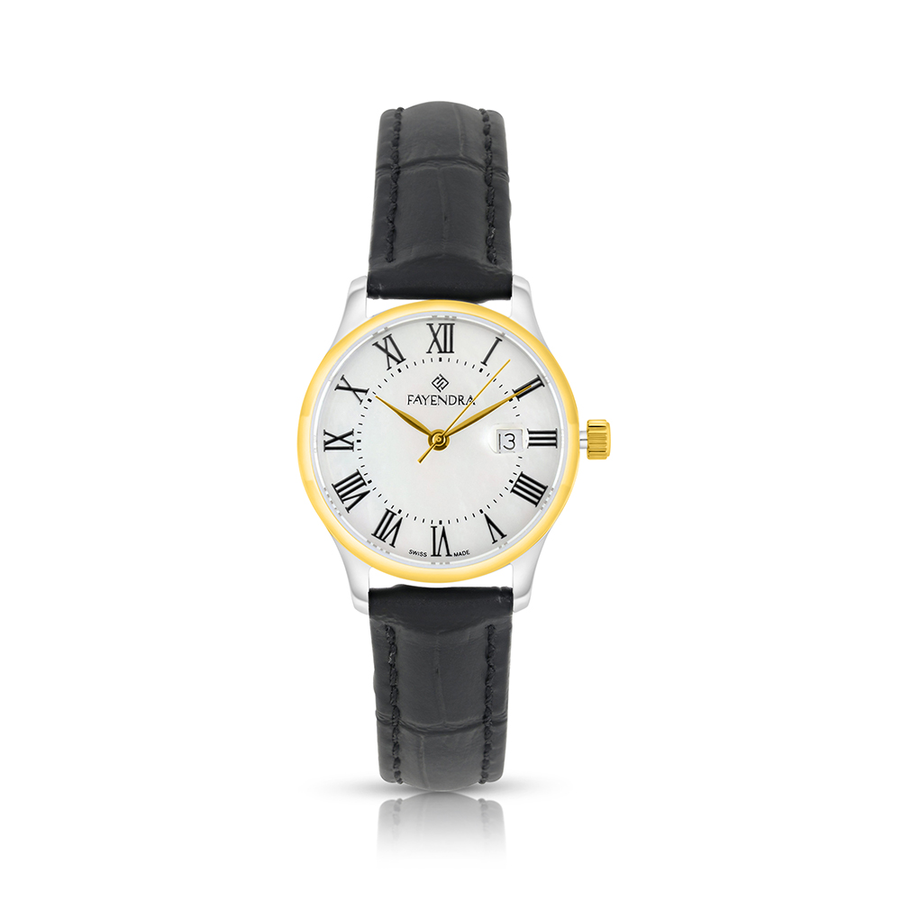 ساعة ستانلس ستيل عيار 316 بلون فضي و ذهبي جلد اسود WHITE DIAL