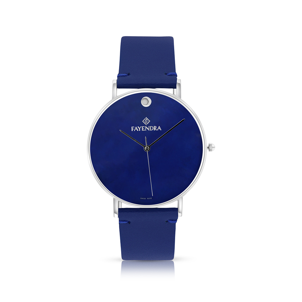 ساعة رجالي ستانلس ستيل عيار 316 بلون فضي جلد أزرق BLUE DIAL