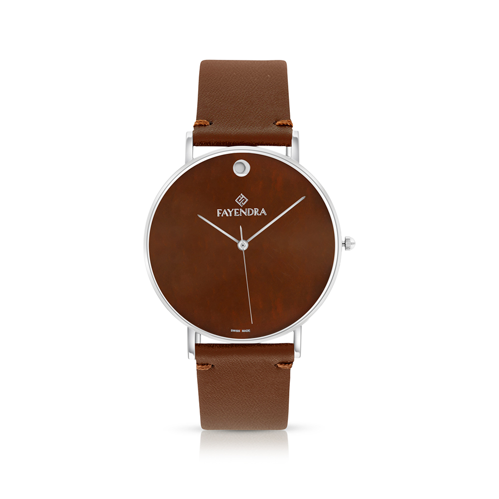 Stainless Steel 316 Watch Silver Color Embedded With Brown Leather For Men - BROWN MOP DIAL