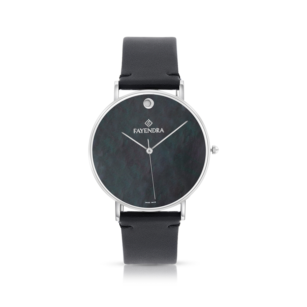 ساعة رجالي ستانلس ستيل عيار 316 بلون فضي جلد اسود BLACK DIAL