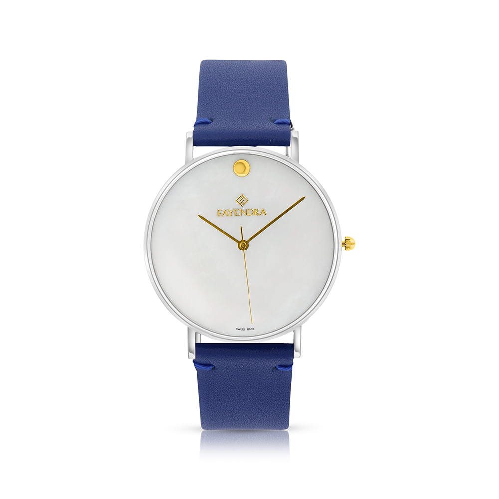 Stainless Steel 316 Watch Silver Color Embedded With Blue Leather For Men - WHITE MOP DIAL