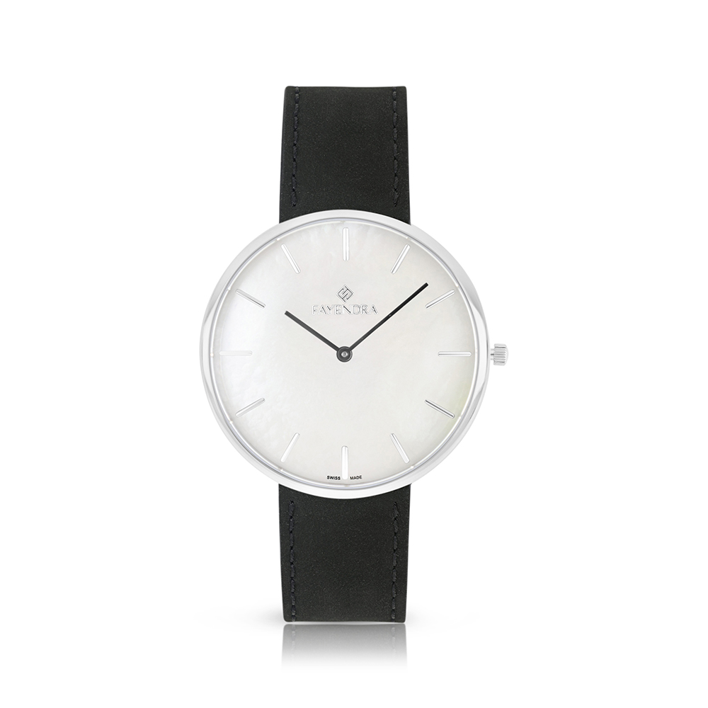 ساعة رجالي ستانلس ستيل عيار 316 بلون فضي جلد اسود WHITE DIAL