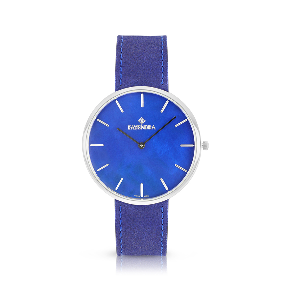 ساعة رجالي ستانلس ستيل عيار 316 بلون فضي جلد أزرق BLUE DIAL