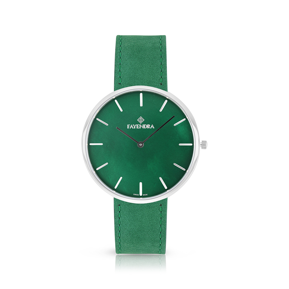 ساعة رجالي ستانلس ستيل عيار 316 بلون فضي جلد أخضر GREEN DIAL