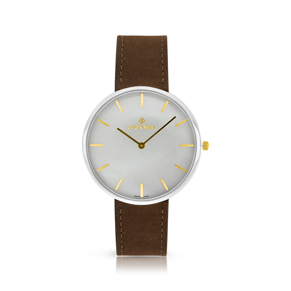 Stainless Steel 316 Watch Silver And Rose Gold Color Embedded With Brown Leather For Men - WHITE MOP DIAL