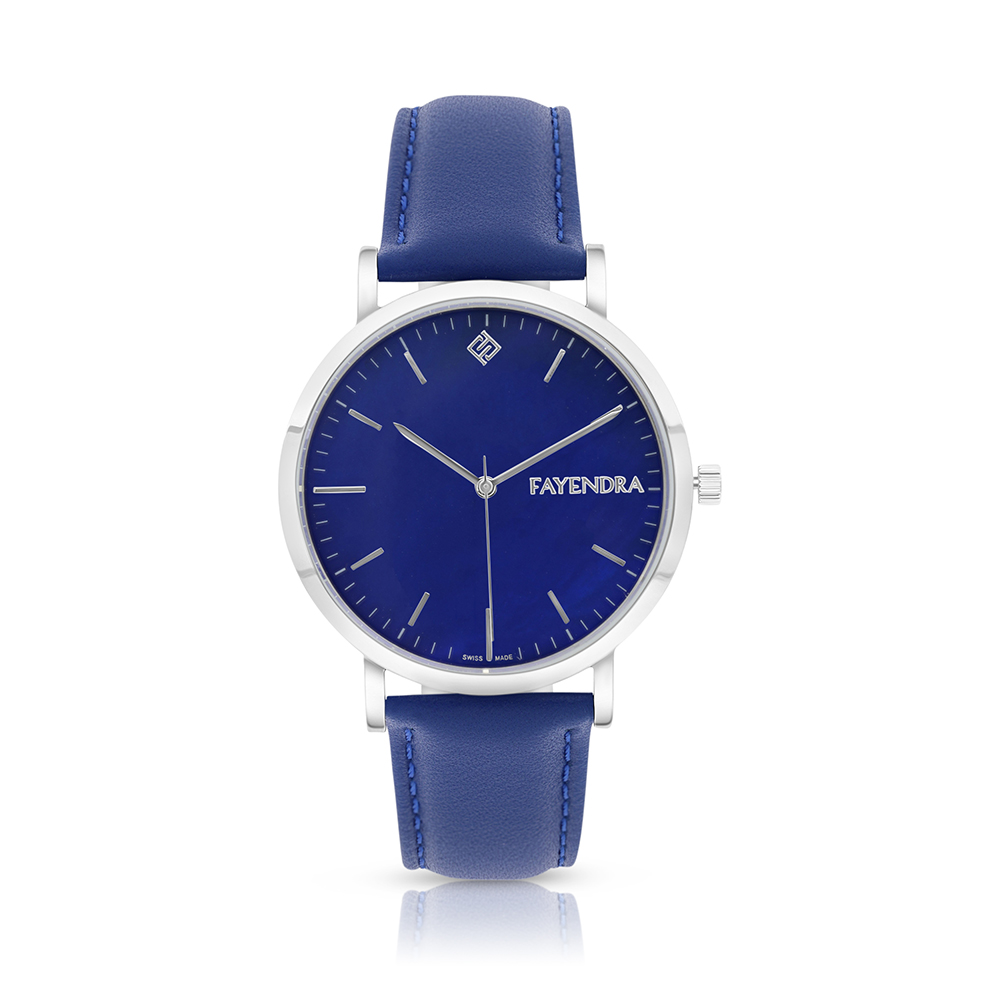 ساعة رجالي ستانلس ستيل عيار 316 بلون فضي جلد أزرق BLUE DIAL