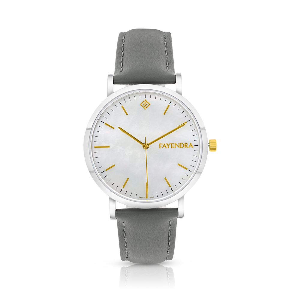 Stainless Steel 316 Watch Silver Color Embedded With Gray Leather For Men - WHITE MOP DIAL