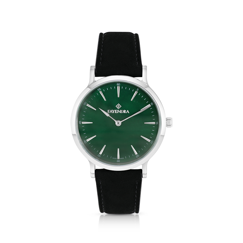 Stainless Steel 316 Watch Silver Color Embedded With Black Leather For Men - GREEN MOP DIAL