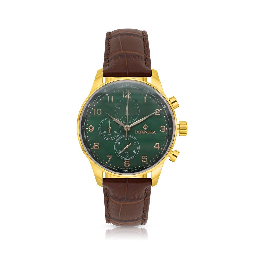 ساعة رجالي ستانلس ستيل عيار 316 بلون ذهبي روز جلد بني GREEN DIAL