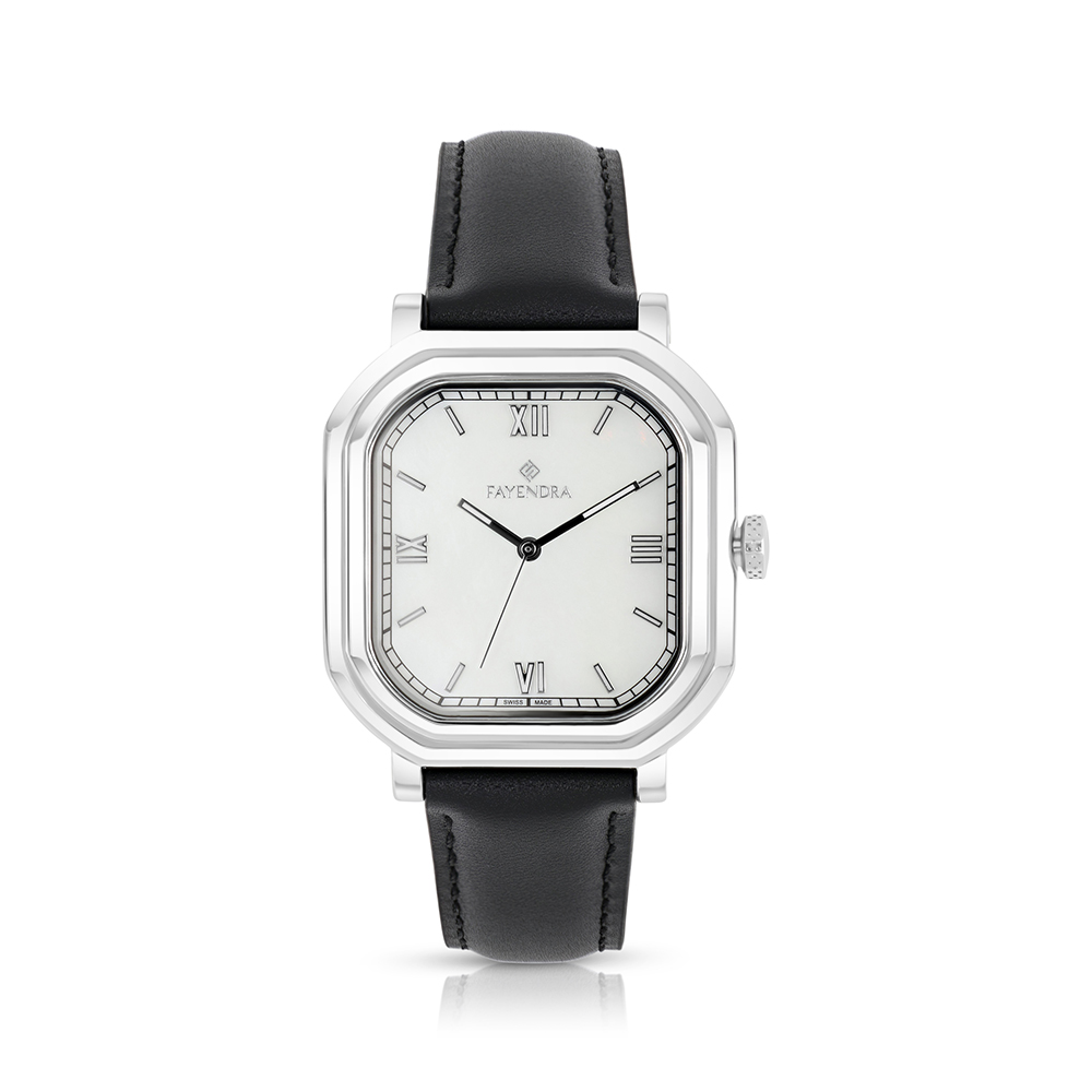 ساعة رجالي ستانلس ستيل عيار 316 بلون فضي جلد اسود WHITE DIAL