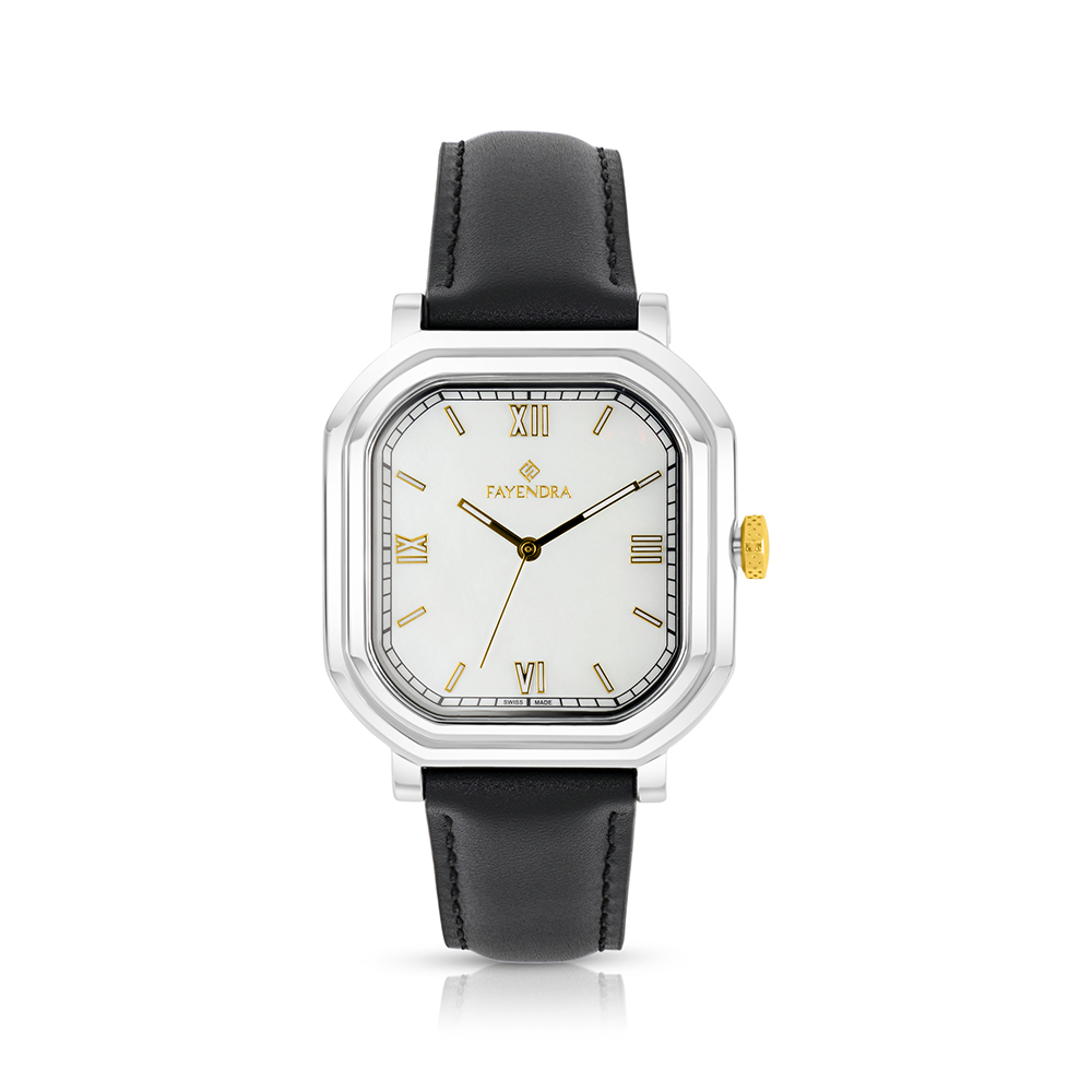 ساعة رجالي ستانلس ستيل عيار 316 بلون فضي و ذهبي جلد اسود WHITE DIAL