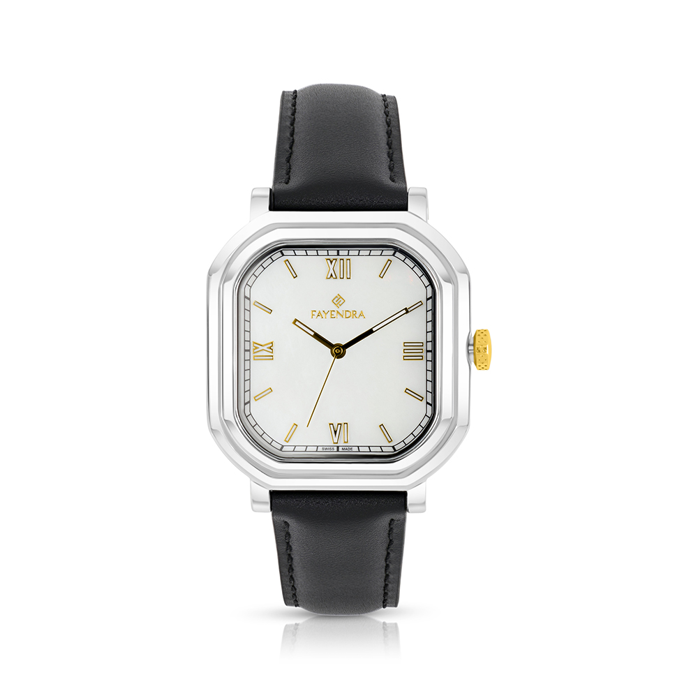 Stainless Steel 316 Watch Silver And Rose Gold Color Embedded With Black Leather For Men - WHITE MOP DIAL