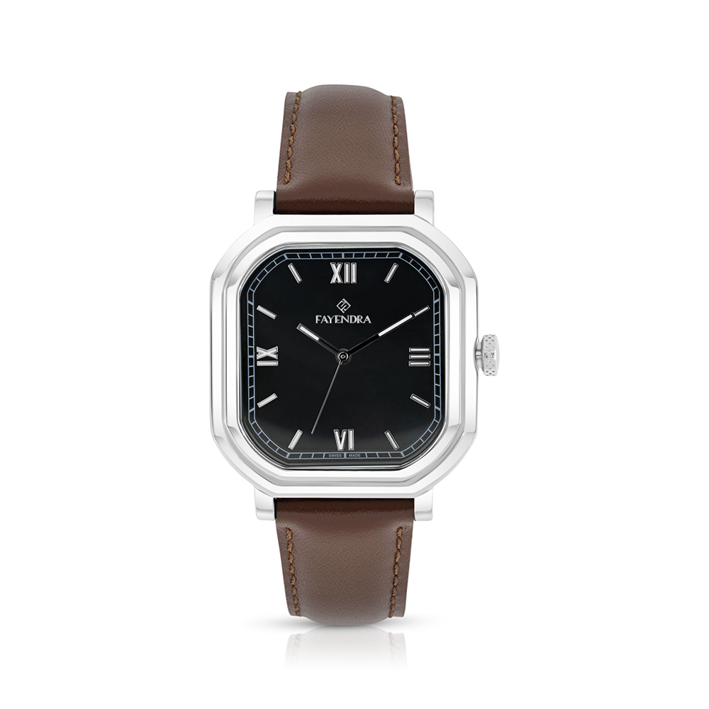 Stainless Steel 316 Watch Silver Color Embedded With Brown Leather For Men - BLACK MOP DIAL