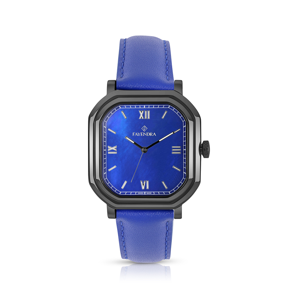 ساعة رجالي ستانلس ستيل عيار 316 بلون اسود جلد أزرق BLUE DIAL