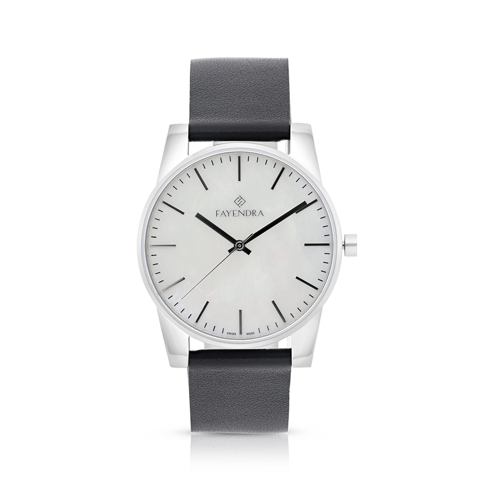 ساعة رجالي ستانلس ستيل عيار 316 بلون فضي جلد اسود WHITE DIAL