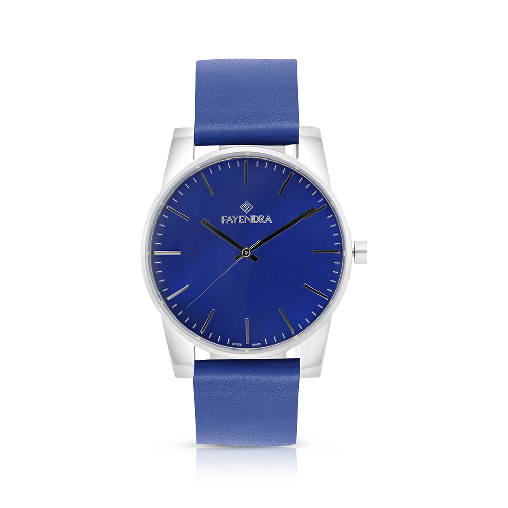 ساعة رجالي ستانلس ستيل عيار 316 بلون فضي جلد أزرق BLUE DIAL