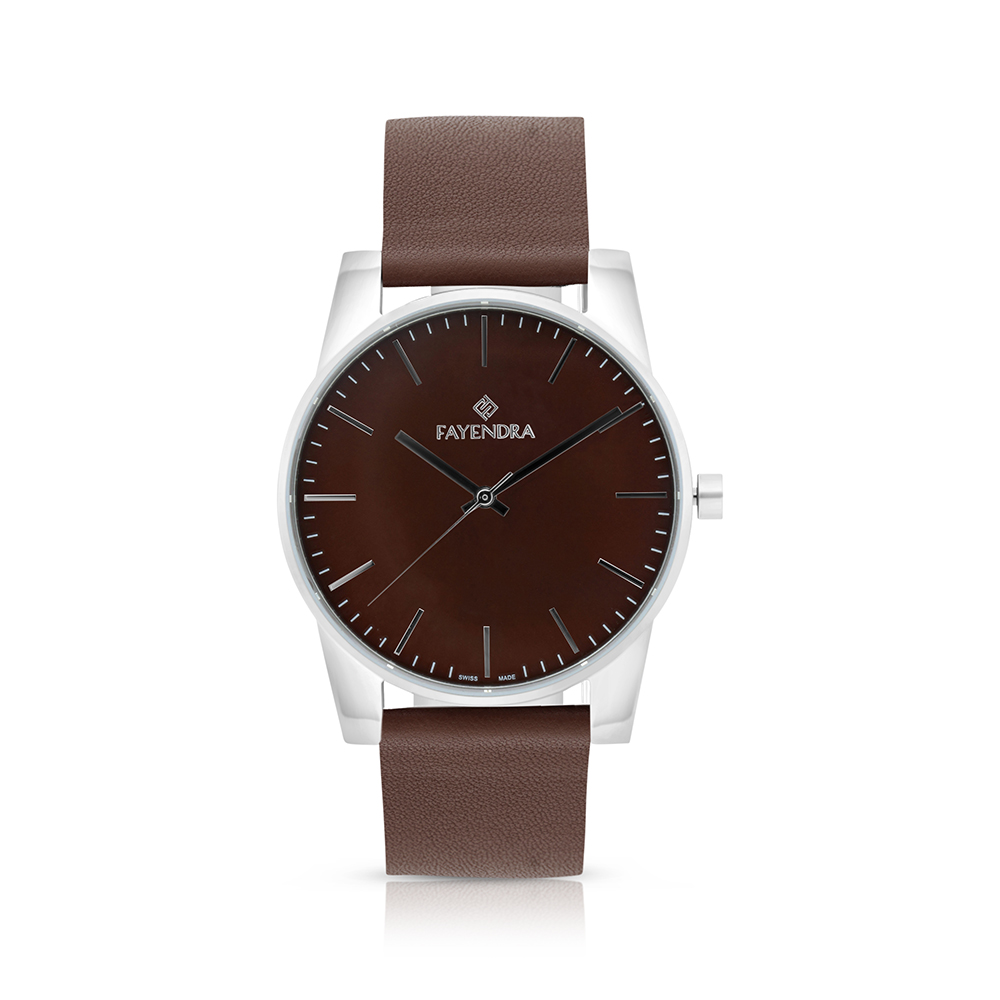 ساعة رجالي ستانلس ستيل عيار 316 بلون فضي جلد بني BROWN DIAL