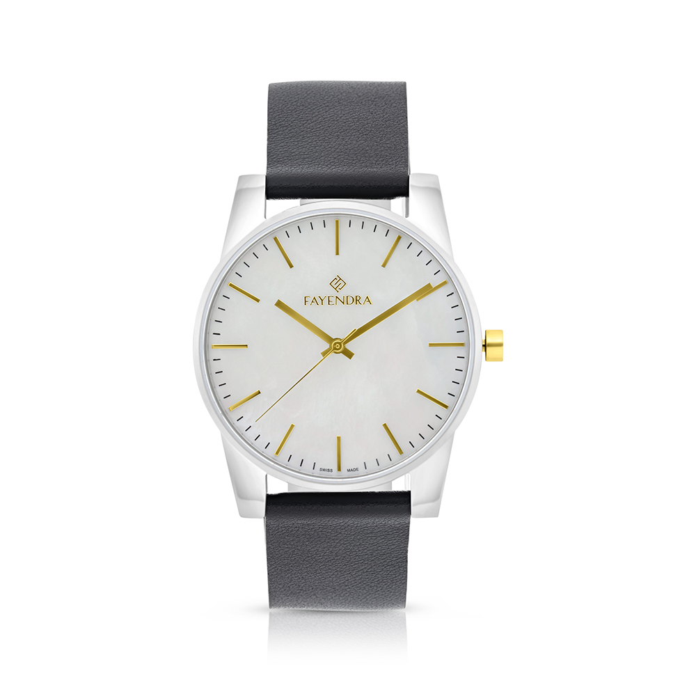 ساعة رجالي ستانلس ستيل عيار 316 بلون فضي و ذهبي جلد اسود WHITE DIAL