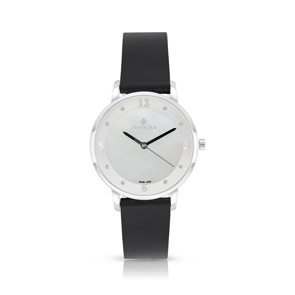 ساعة ستانلس ستيل عيار 316 بلون فضي جلد اسود WHITE DIAL