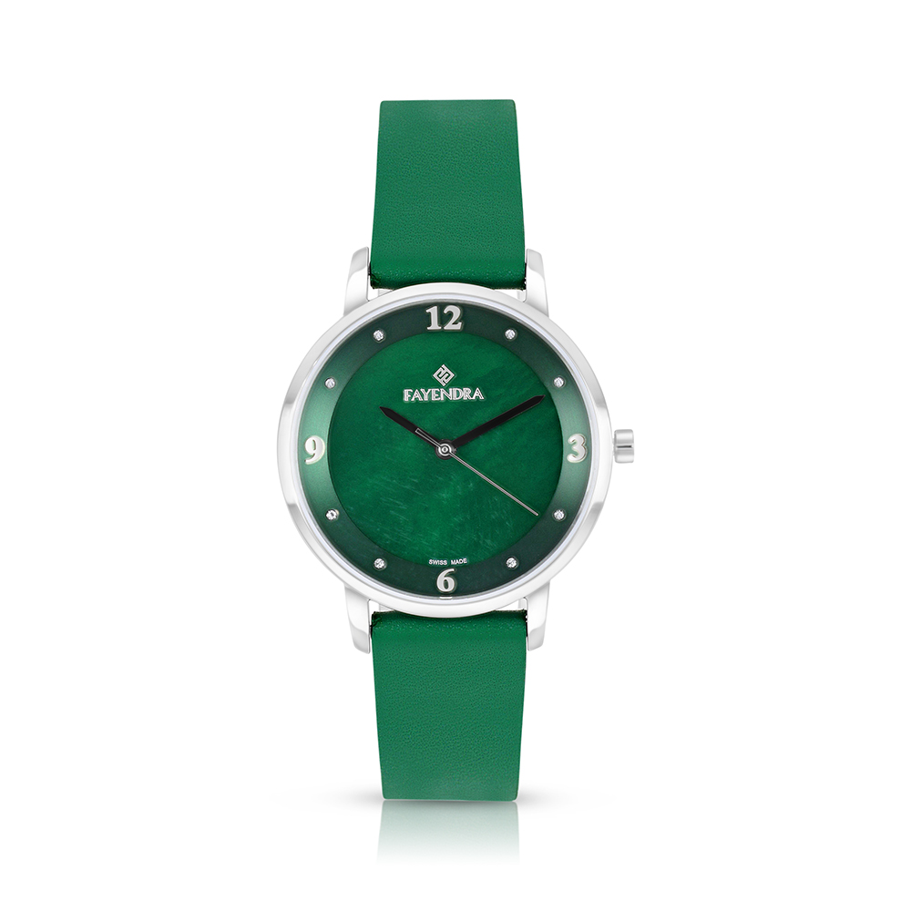 ساعة ستانلس ستيل عيار 316 بلون فضي جلد أخضر GREEN DIAL