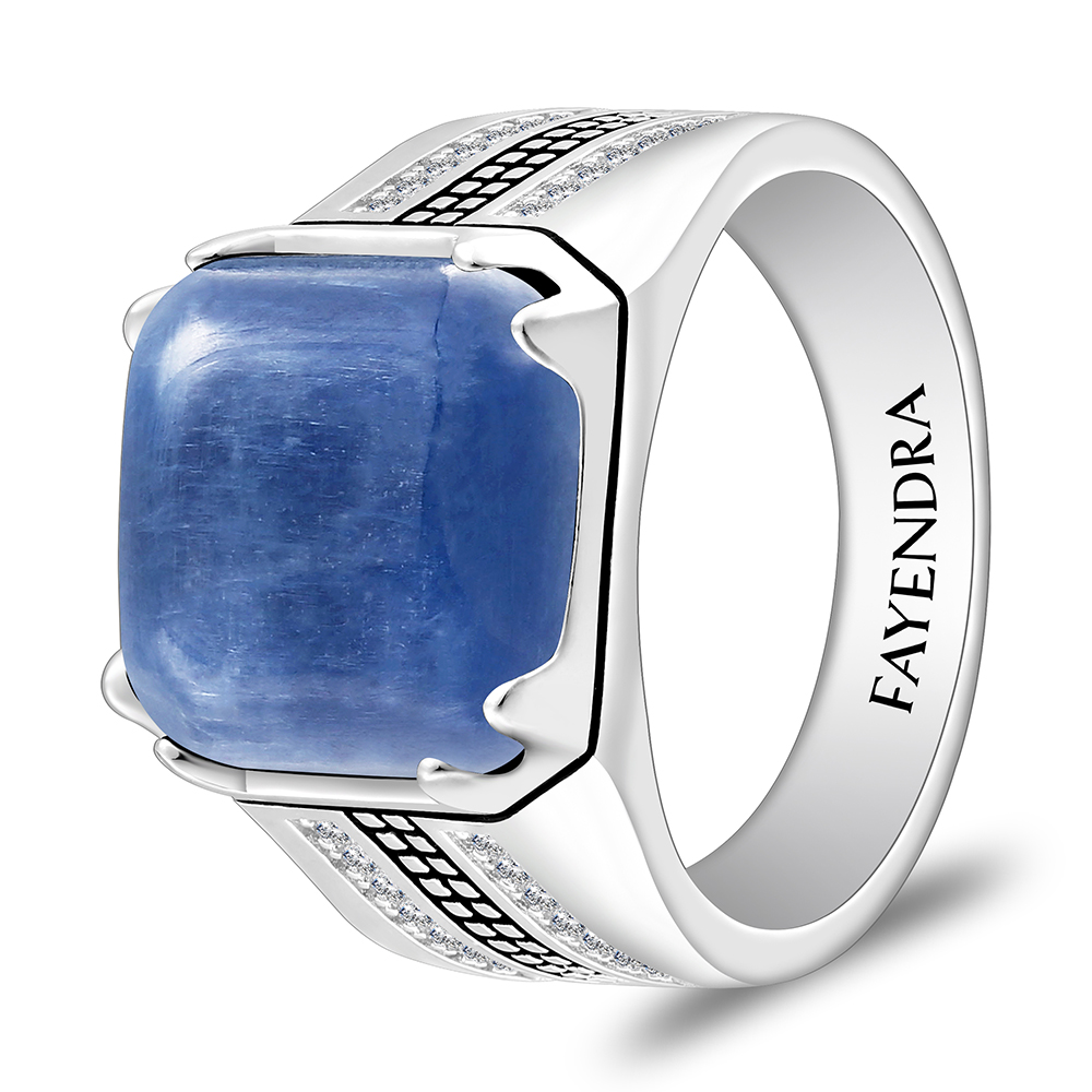 Sterling Silver 925 Ring Rhodium And Black Plated Embedded With Natural Kyanite Cabochon And White Zircon For Men