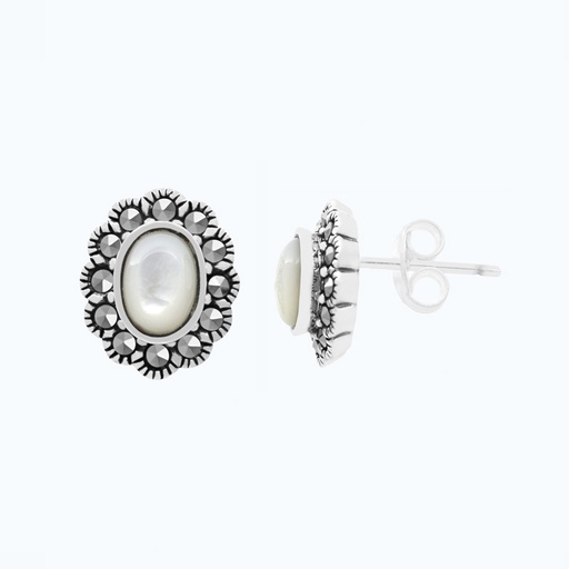 [EAR04MAR00MOPA161] Sterling Silver 925 Earring Natural White Shell Marcasite Stones
