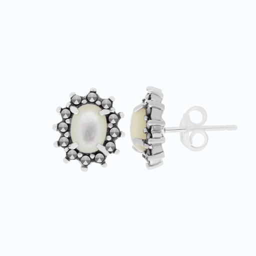 [EAR04MAR00MOPA174] Sterling Silver 925 Earring Natural White Shell Marcasite Stones