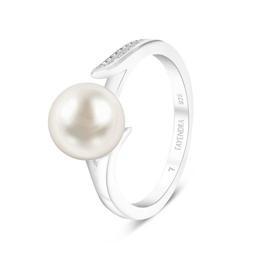 Sterling Silver 925 Ring Rhodium Plated Embedded With Natural White Pearl And  White Zircon 