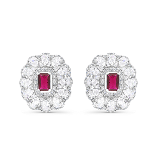 [EAR01RUB00WCZB374] Sterling Silver 925 Earring Rhodium Plated Embedded With Ruby Corundum