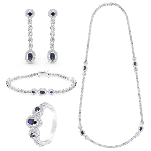 Sterling Silver 925 Set Rhodium Plated Sapphire Corundum And White CZ