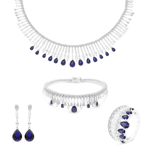 Sterling Silver 925 Set Rhodium Plated Sapphire Corundum