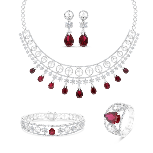 Sterling Silver 925 Set Rhodium Plated Embedded With Ruby Corundum